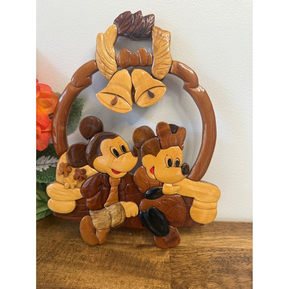 Vintage Hand-Carved Wooden Intarsia Wall Art Mickey Minnie Wedding Folk Artβ